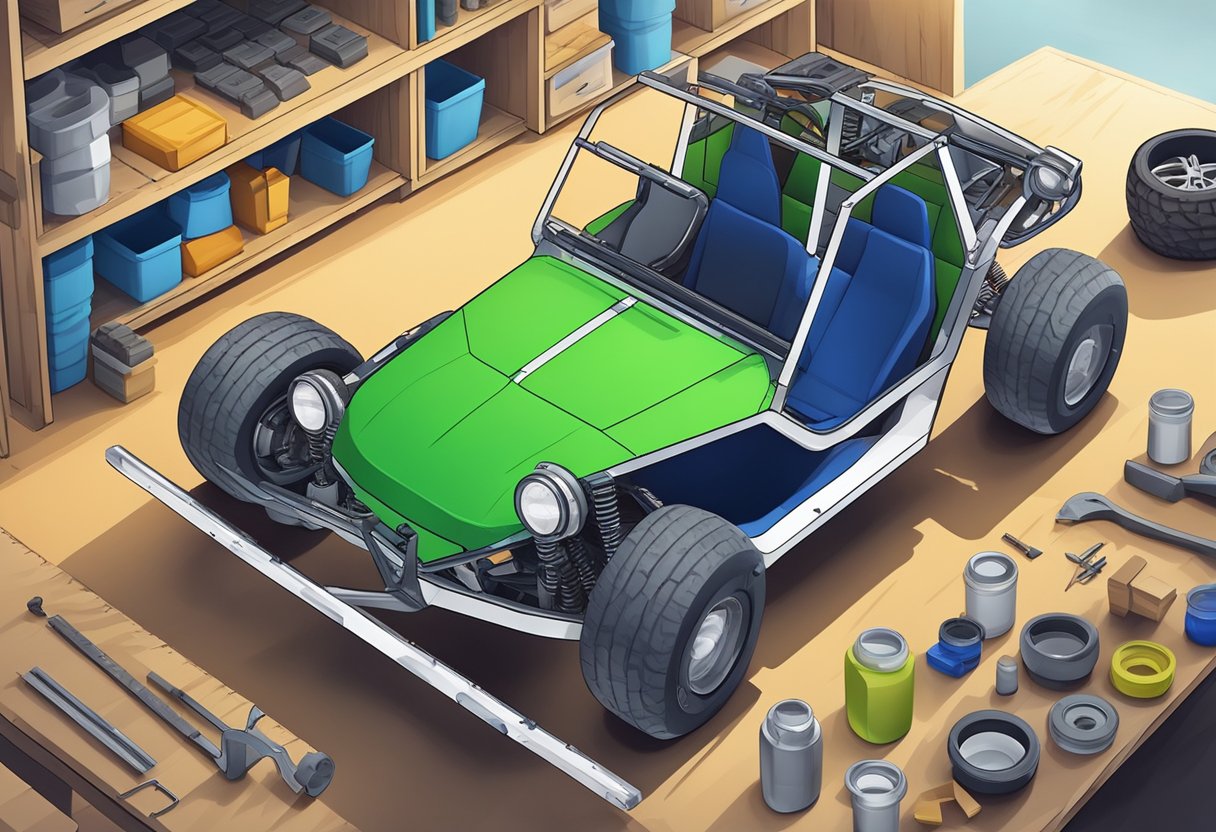 A dune buggy being built with cost-saving measures, tools and materials laid out in a workshop setting