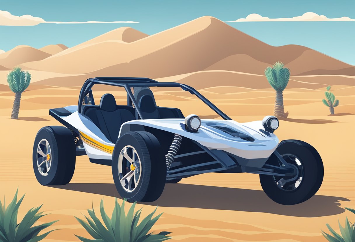 A dune buggy parked in front of a rental office with a price list displayed prominently. Sand dunes and desert landscape in the background