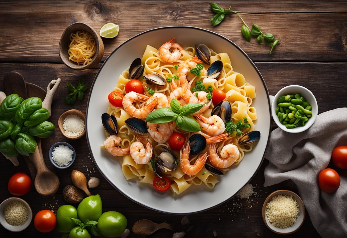 A steaming plate of fresh seafood pasta sits on a wooden table, surrounded by vibrant ingredients like plump tomatoes, fragrant basil, and succulent prawns