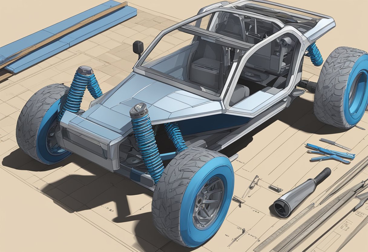 A dune buggy being constructed with tools and materials scattered around the workshop. Blueprints and cost estimates are displayed on a nearby table