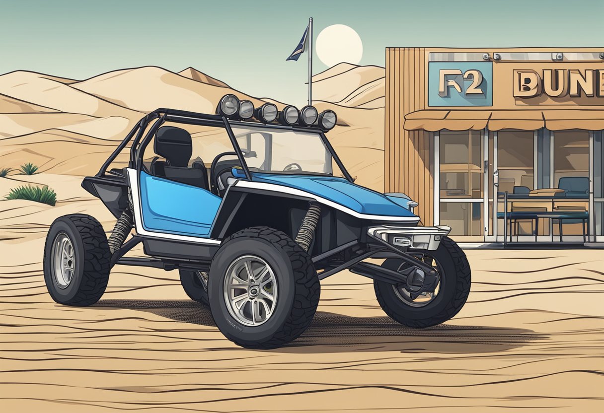 A dune buggy parked in front of a rental office with signs displaying prices for different regions. Sand dunes in the background