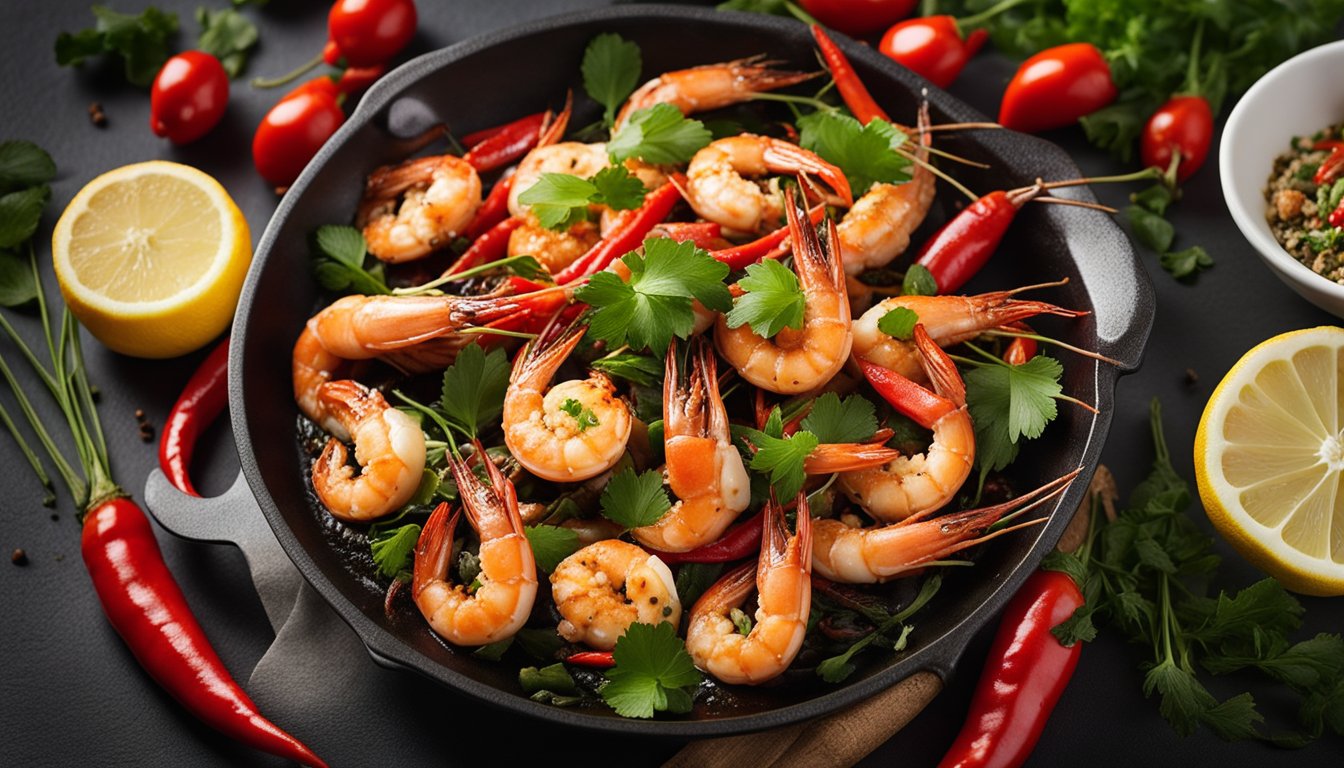 A sizzling pan of Assam prawns, with vibrant red chili peppers and aromatic lemongrass, surrounded by a medley of fresh herbs and spices