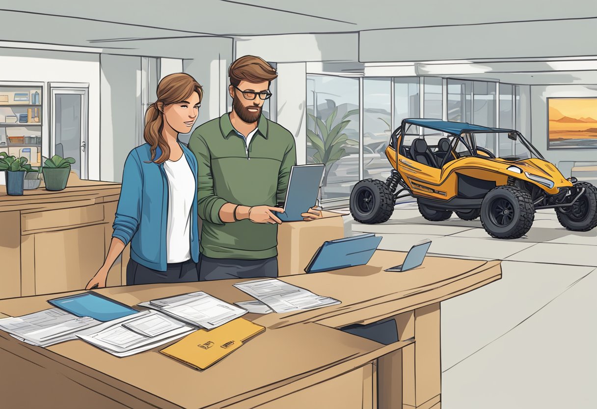 A person standing at a rental desk, asking about dune buggy costs, with a price list or brochure displayed nearby