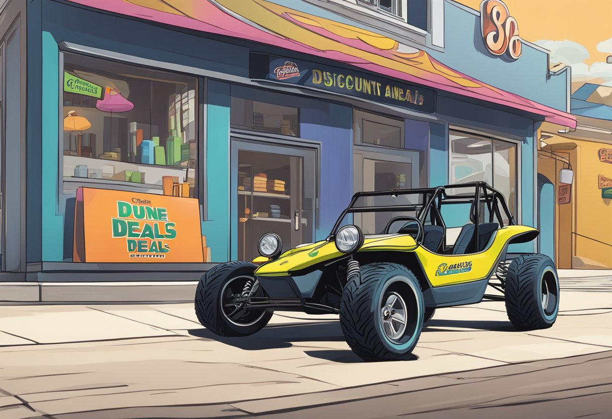 A dune buggy parked in front of a sign advertising "Discounts and Deals" with pricing information displayed prominently