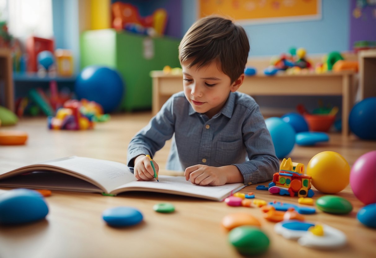 Children playing tag, drawing, and reading in a colorful classroom with toys and books scattered around