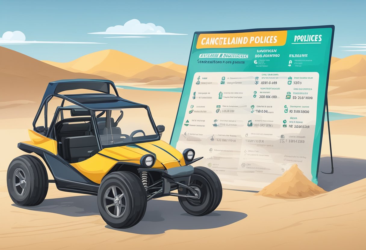 A sign with "Cancellation and Refund Policies" displayed next to a price list for renting a dune buggy