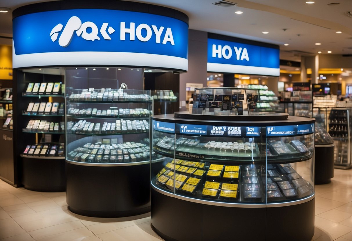 A vibrant display of Hoya lens promotions in Singapore, with eye-catching visuals and clear signage, attracting customers' attention