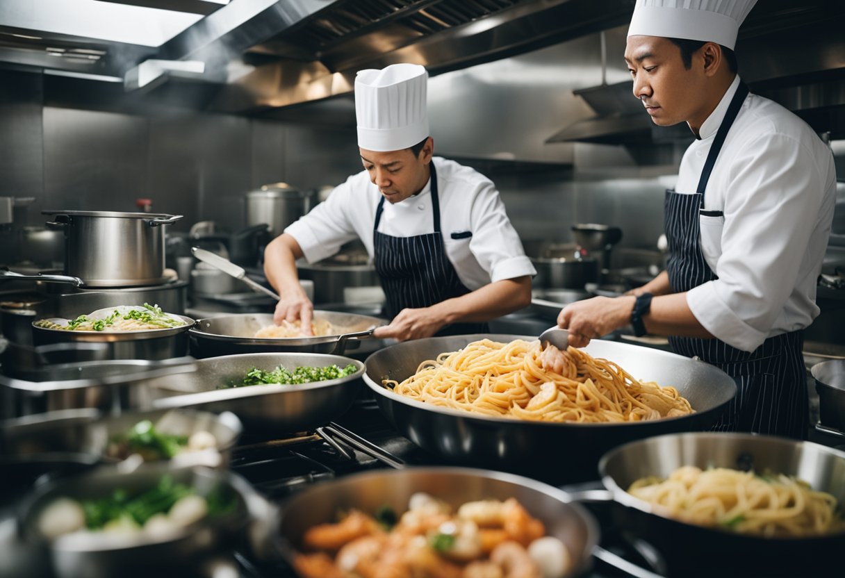 A chef prepares fresh seafood pasta in a bustling Singapore kitchen, surrounded by colorful ingredients and steaming pots