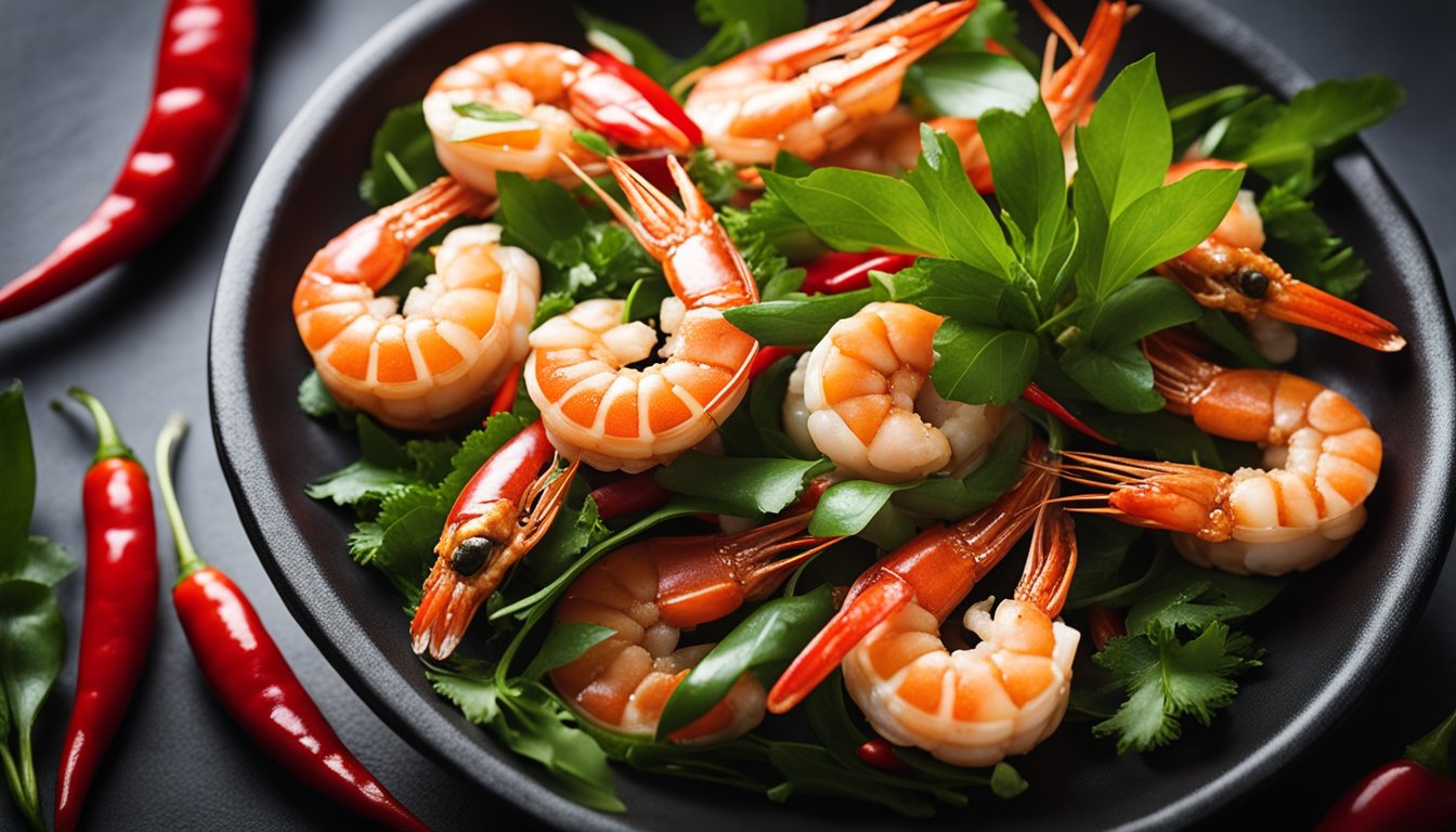 A sizzling wok of Assam prawns, surrounded by vibrant red chili peppers, fragrant lemongrass, and fresh green kaffir lime leaves