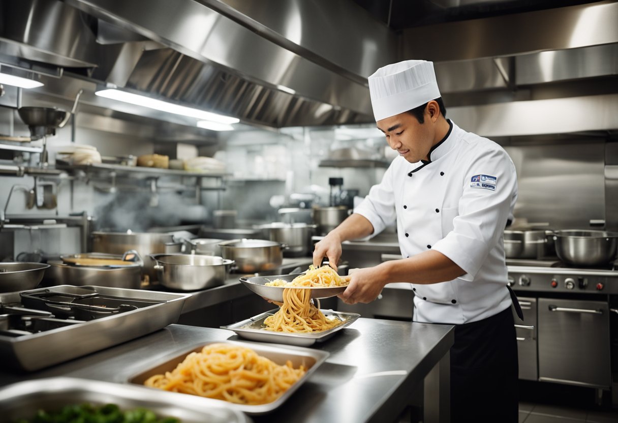 A chef prepares a vibrant seafood pasta dish in a bustling Singapore kitchen. Fresh ingredients are carefully combined, creating a visually appealing and appetizing meal