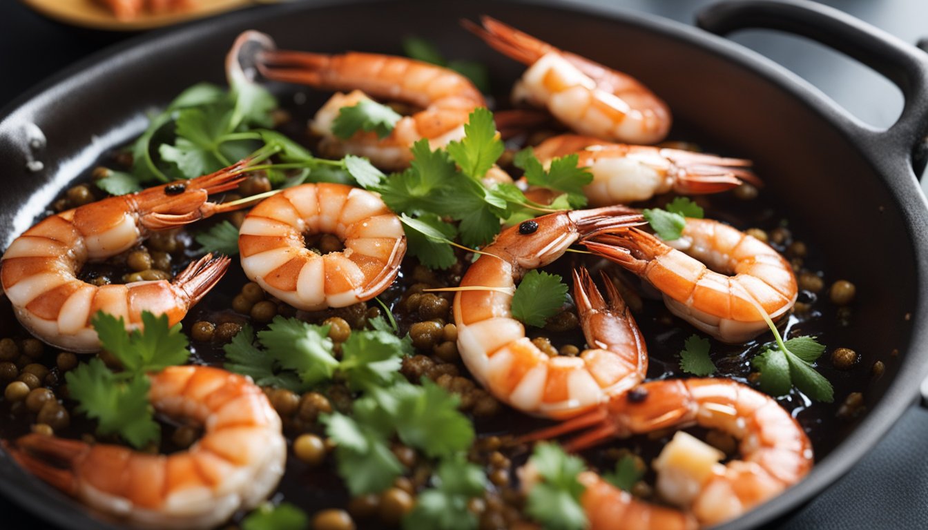 Fresh prawns being cleaned, marinated in tamarind and spices, then cooked in a sizzling pan with aromatic herbs and coconut milk