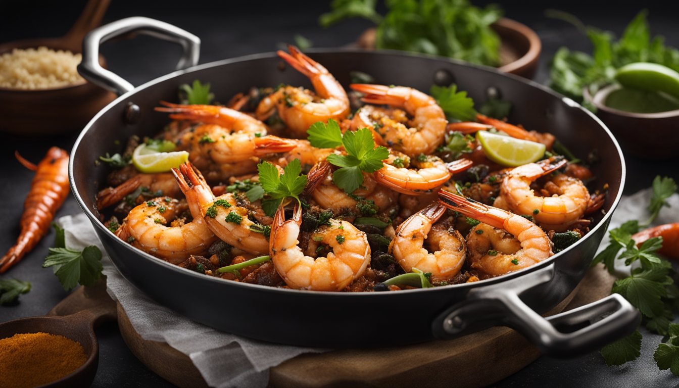 A sizzling pan of Assam prawns, surrounded by aromatic spices and herbs, steaming and ready to be served