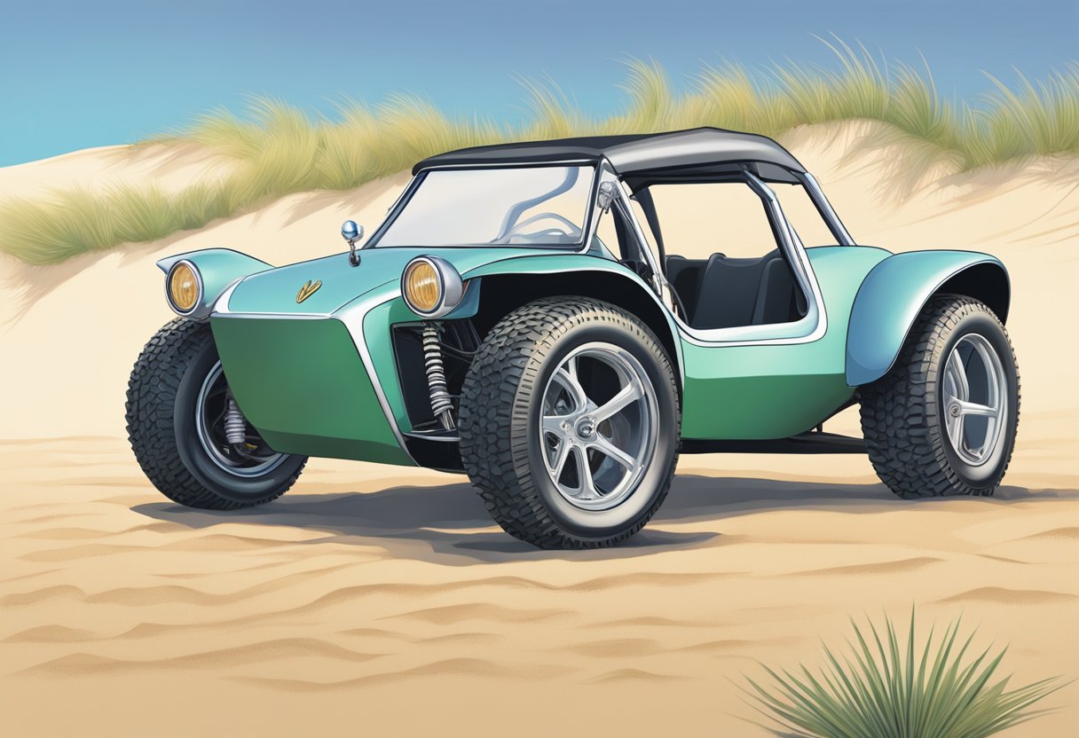 A Meyers Manx Dune Buggy sits on a sandy beach, its sleek, curved frame gleaming in the sunlight. The buggy's wide, knobby tires are ready for adventure