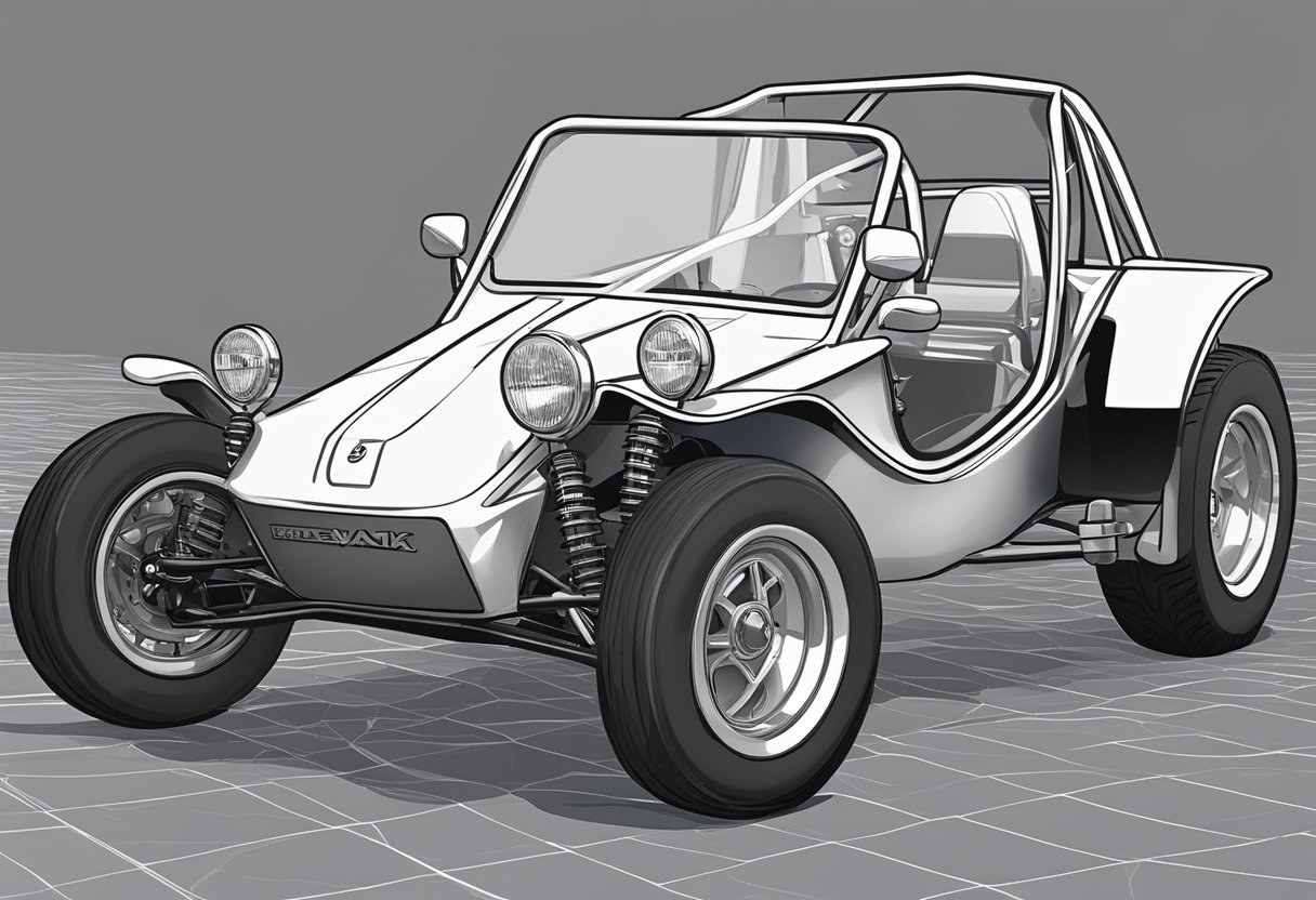 A new Meyers Manx dune buggy sits on a showroom floor, gleaming in the light with a price tag displayed prominently