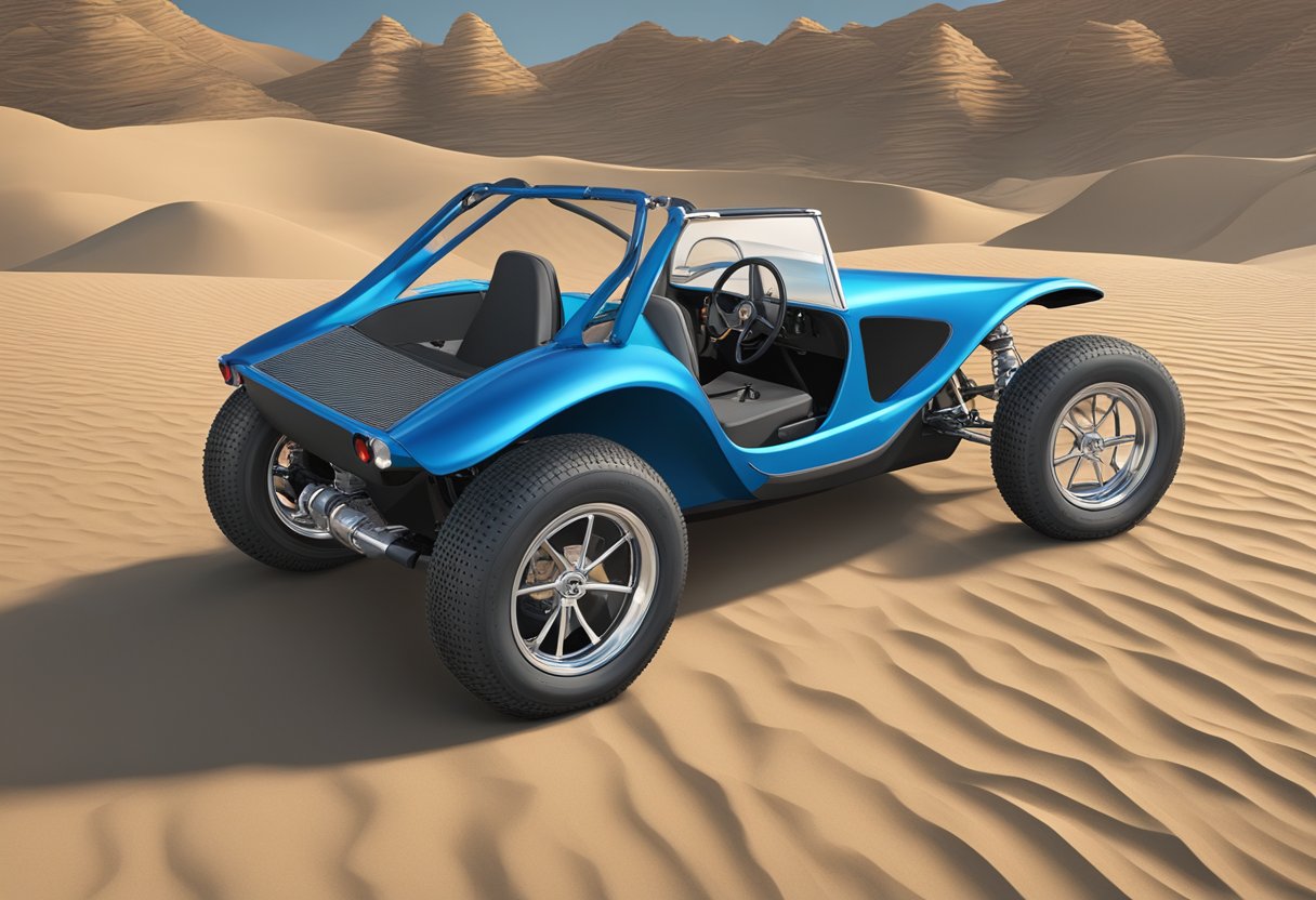 The scene shows a price tag on a new Meyers Manx dune buggy, with customizable options displayed nearby