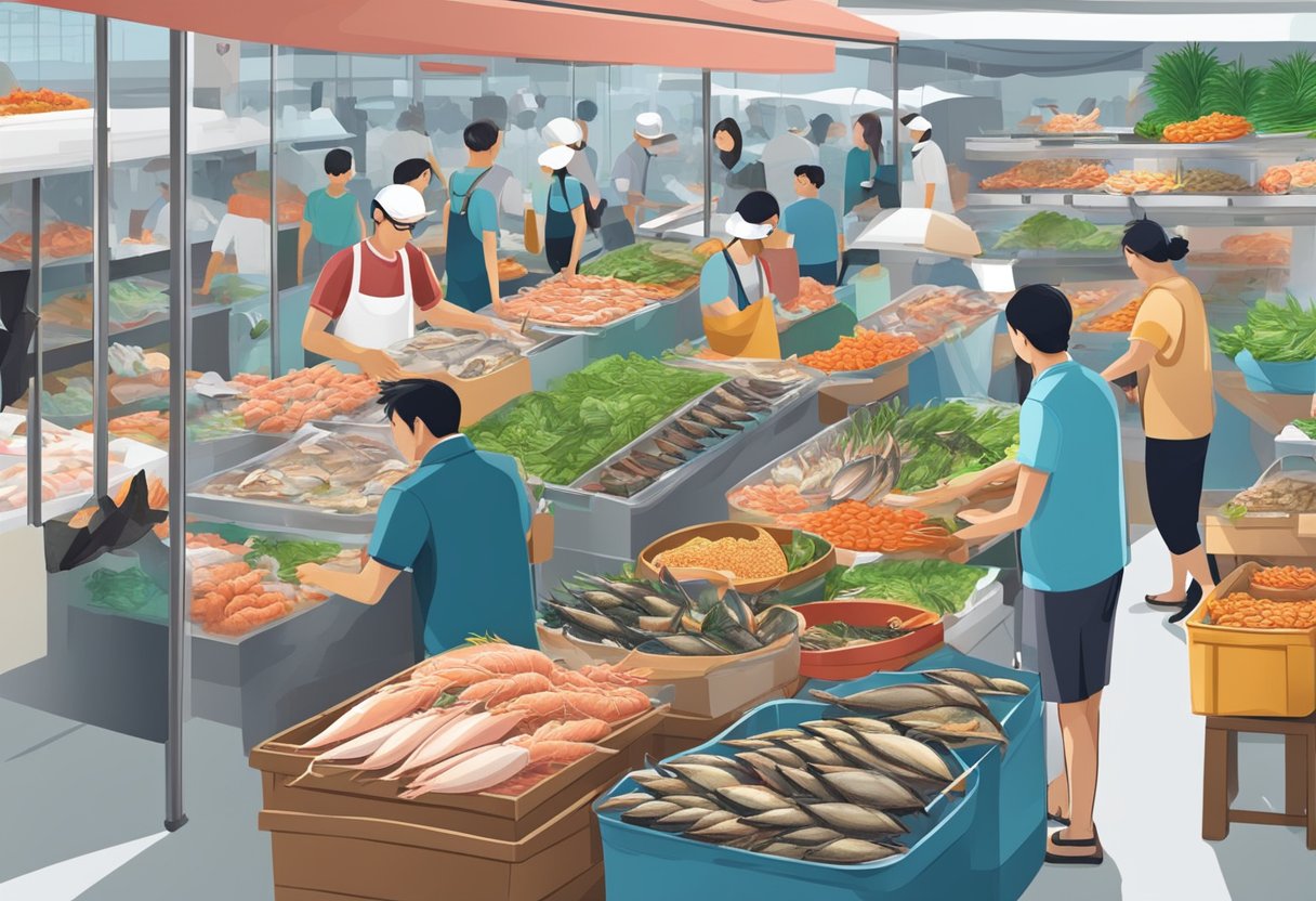 A bustling online seafood market in Singapore, with a variety of fresh catches on display and customers browsing the selection