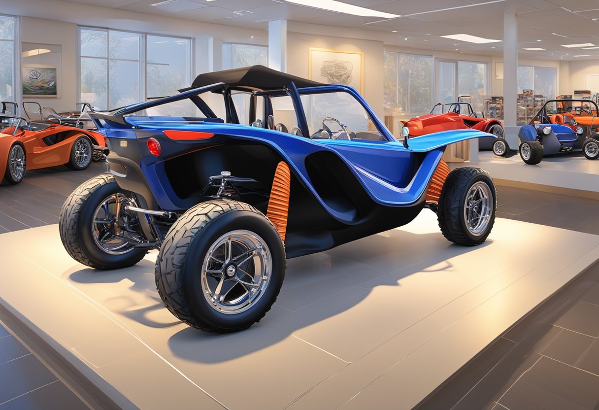 A new Meyers Manx dune buggy is displayed at a dealer, with various models and colors showcased in a brightly lit showroom