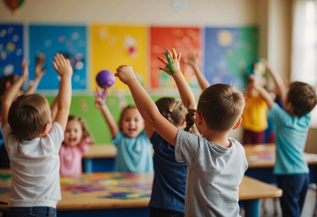 Children painting, dancing, and playing sports in a colorful and lively 1st grade classroom