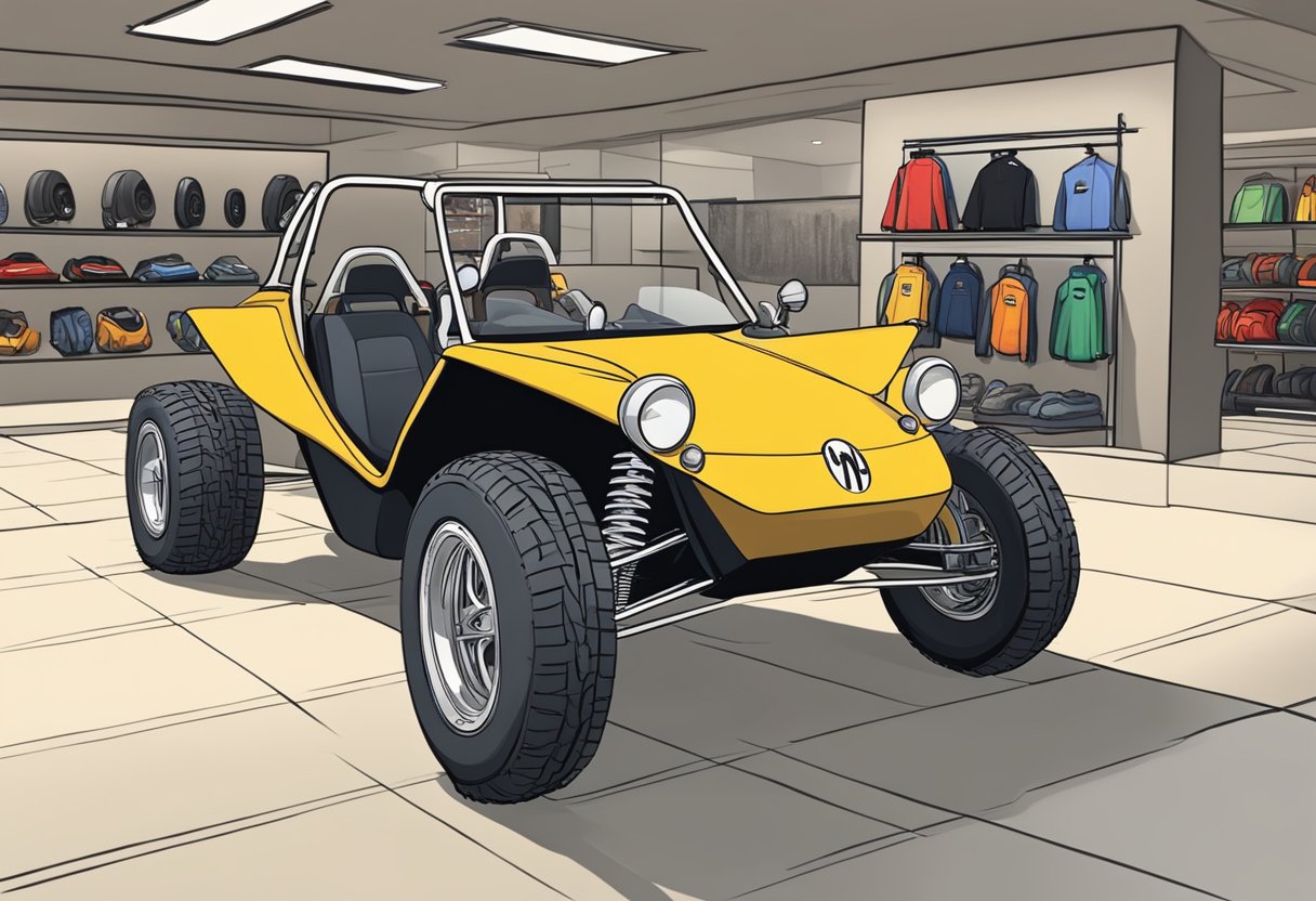 A new Meyers Manx dune buggy sits in a showroom, price tag displayed prominently. Various additional costs are listed nearby