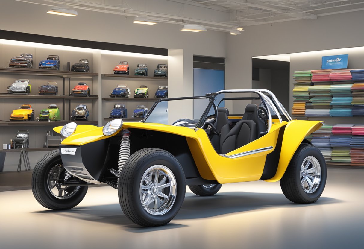 A brand new Meyers Manx dune buggy sits in a spacious showroom, surrounded by glossy brochures and signage advertising warranty and maintenance plans