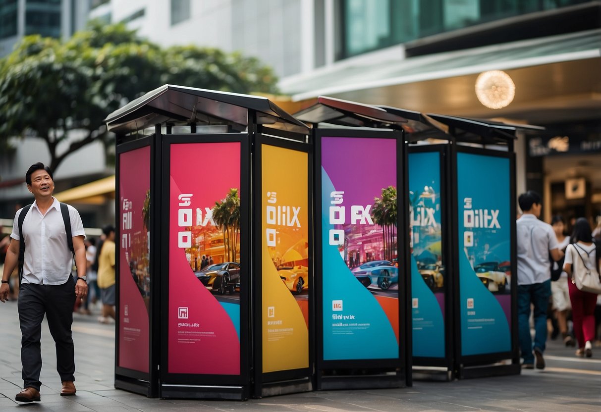 Colorful iflix banners and posters fill a bustling Singapore street, with people stopping to check out the latest promotions