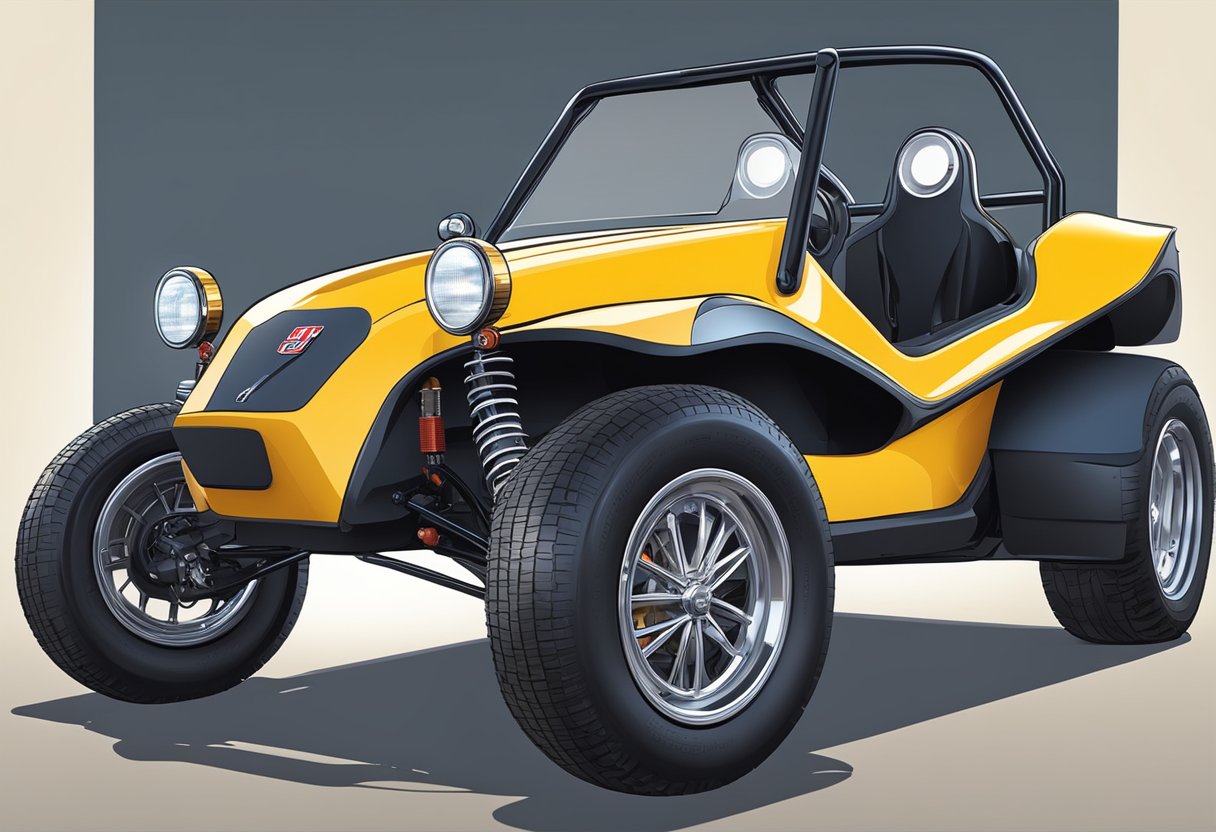 A brand new Meyers Manx dune buggy sits on a showroom floor, gleaming under the bright lights, with a price tag prominently displayed