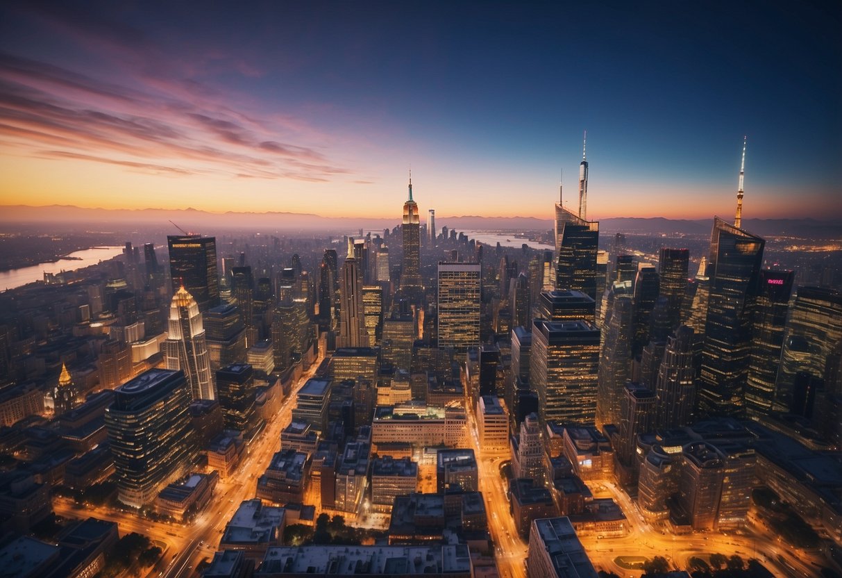 A vibrant city skyline with iconic landmarks and colorful promotional banners