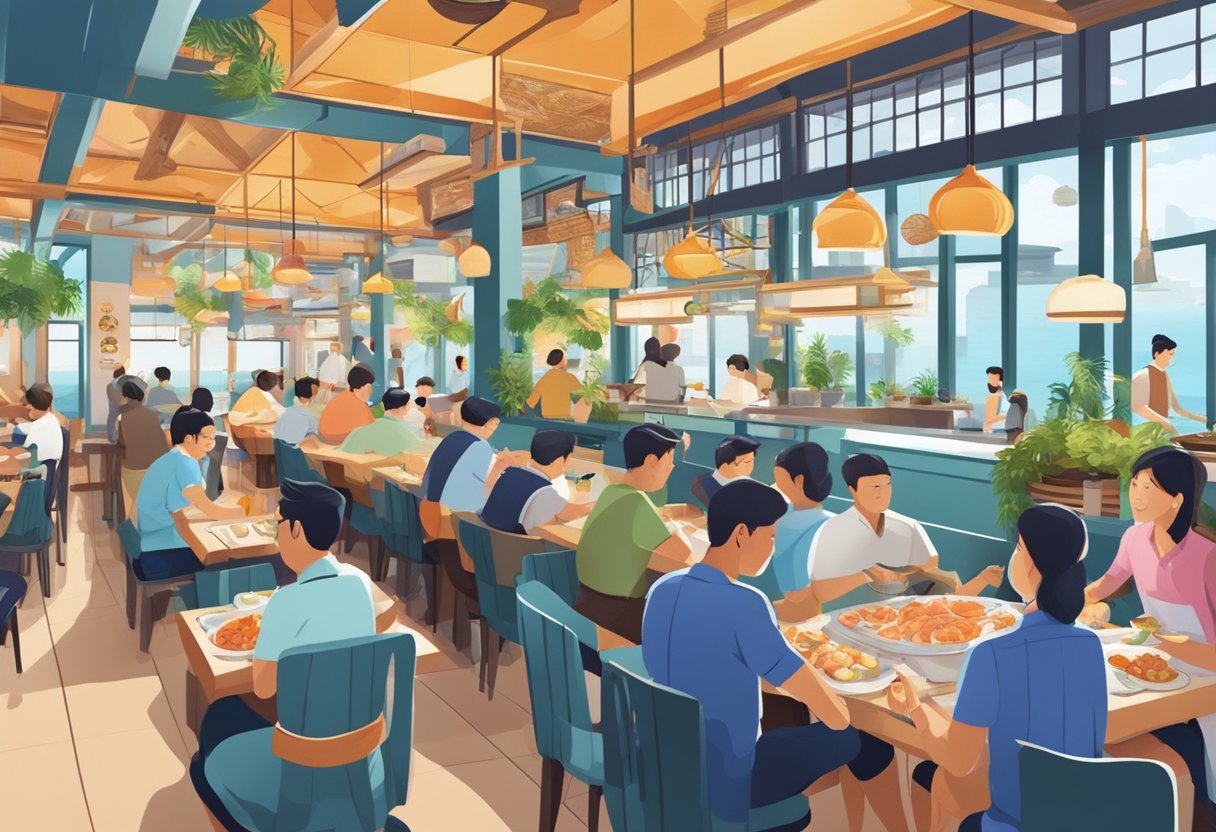 A bustling seafood restaurant in Singapore, with colorful decor and a lively atmosphere. Customers enjoy fresh fish dishes while staff members attend to their needs
