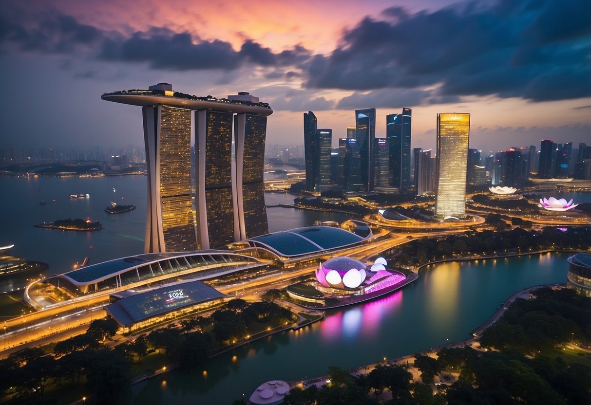 Vibrant city skyline with colorful banners and signs promoting 2024 youtrip promotions in Singapore
