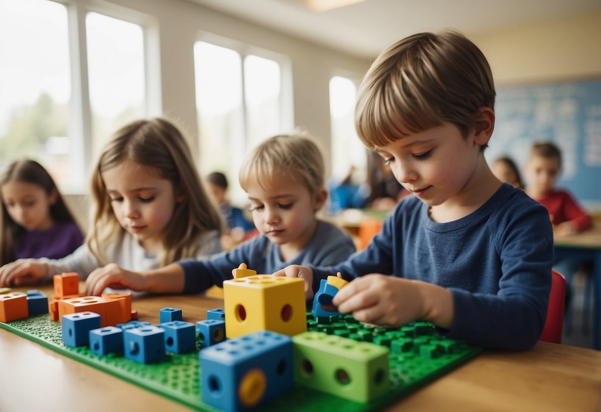 Children building with blocks, drawing, and completing puzzles in a classroom setting