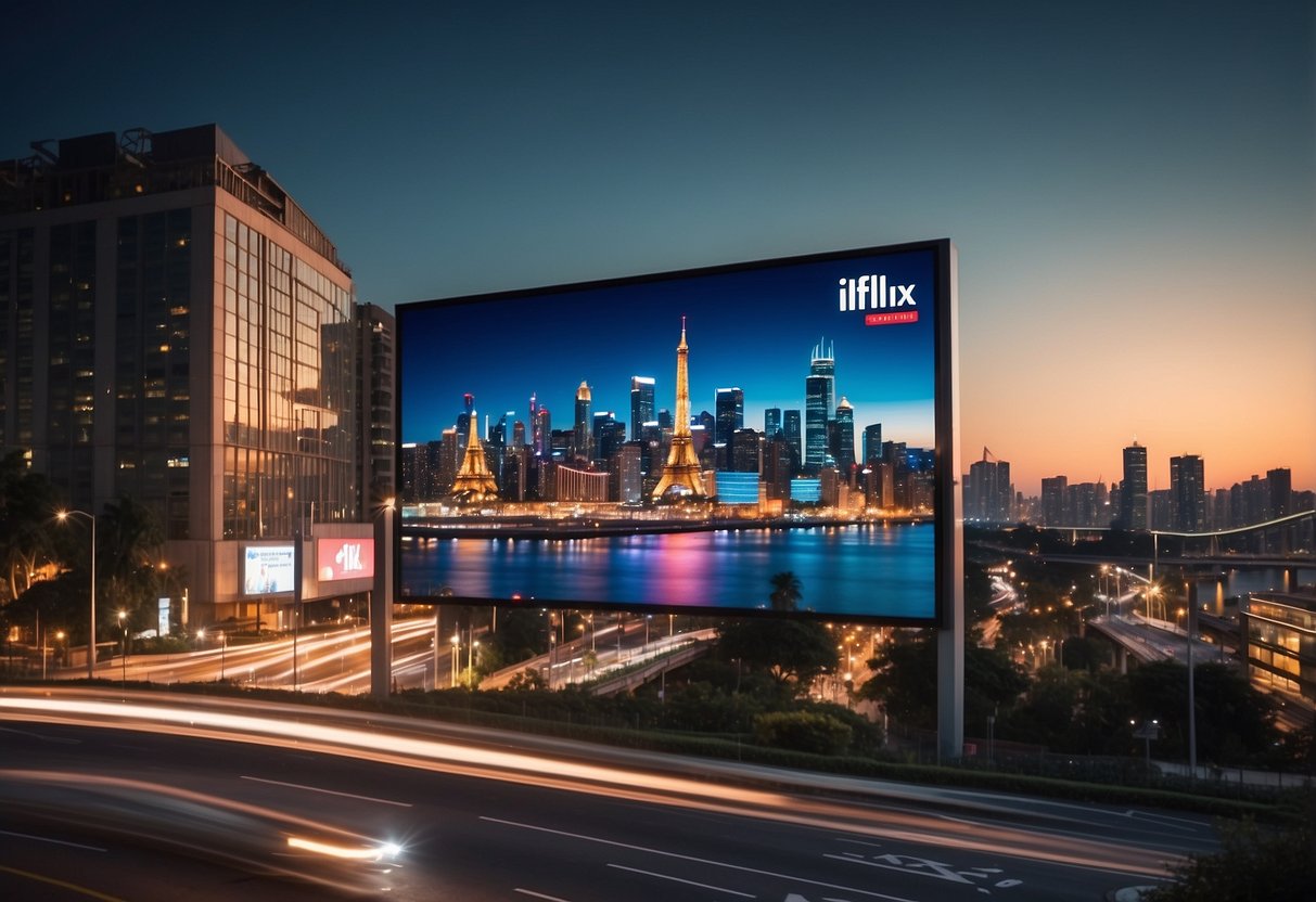 A vibrant cityscape with iconic landmarks and iflix branding displayed on billboards and digital screens