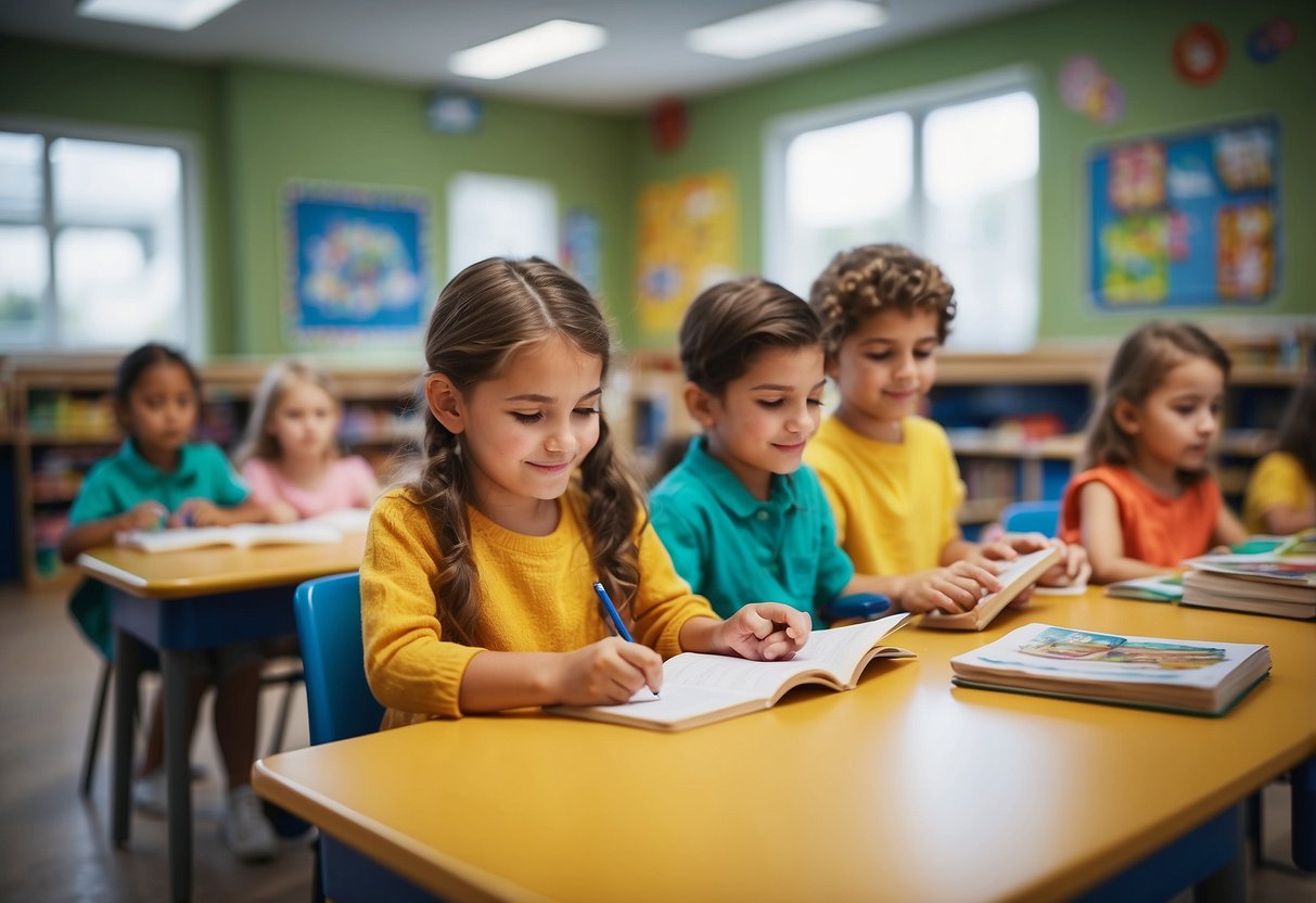 A colorful classroom with children engaged in various educational activities, such as reading, drawing, and playing educational games