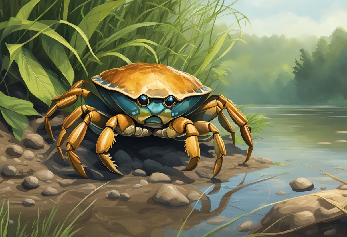 Freshwater crabs scuttle along the muddy banks of a river, surrounded by lush vegetation and submerged tree roots