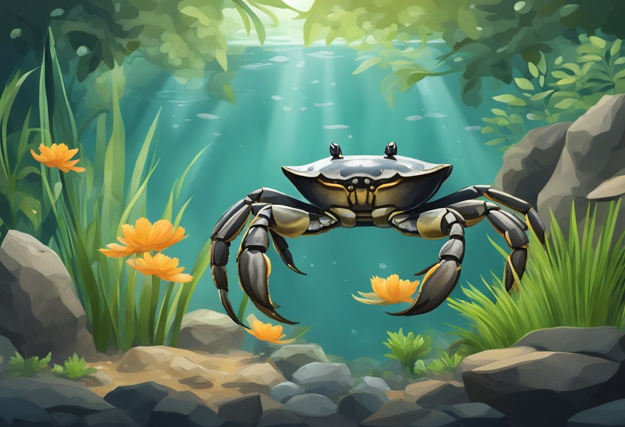 A freshwater crab scuttles among aquatic plants and rocks in a well-maintained aquarium