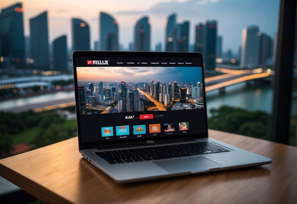 A laptop displaying iflix promotions with a Singapore backdrop