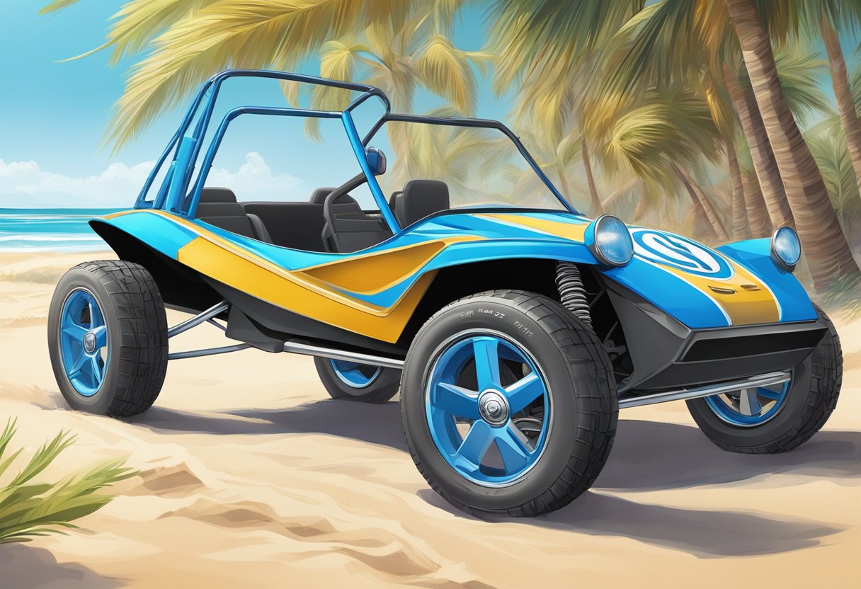 A Volkswagen dune buggy sits on a sandy beach, its bright blue paint glistening in the sun. The buggy's sleek, curved design and oversized wheels give it a sporty and adventurous look