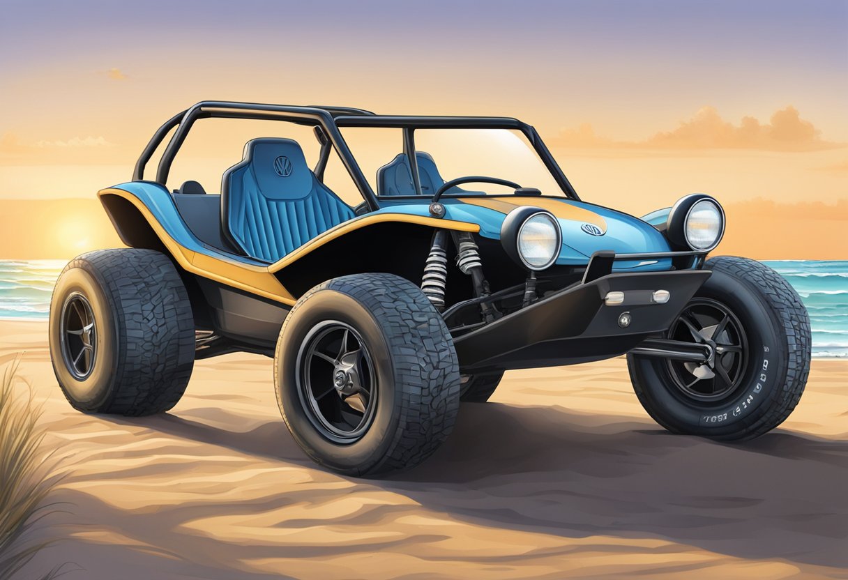 A Volkswagen dune buggy sits on a sandy beach, with its sleek, curved body and large, rugged tires. The sun shines down, casting shadows on the textured surface of the buggy