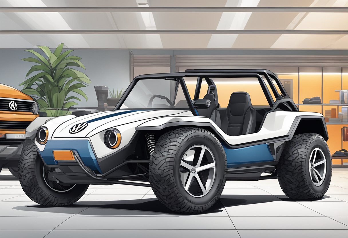 A Volkswagen Dune Buggy sits on a showroom floor, with a price tag prominently displayed next to it. The sleek design and off-road tires catch the eye of potential buyers