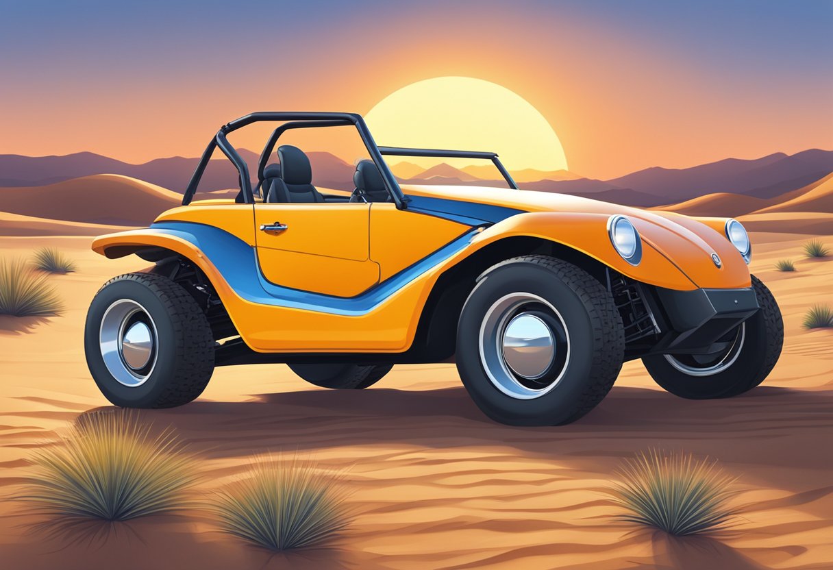 A Volkswagen dune buggy sits in a sandy desert landscape, with the sun setting in the background, casting a warm glow over the scene