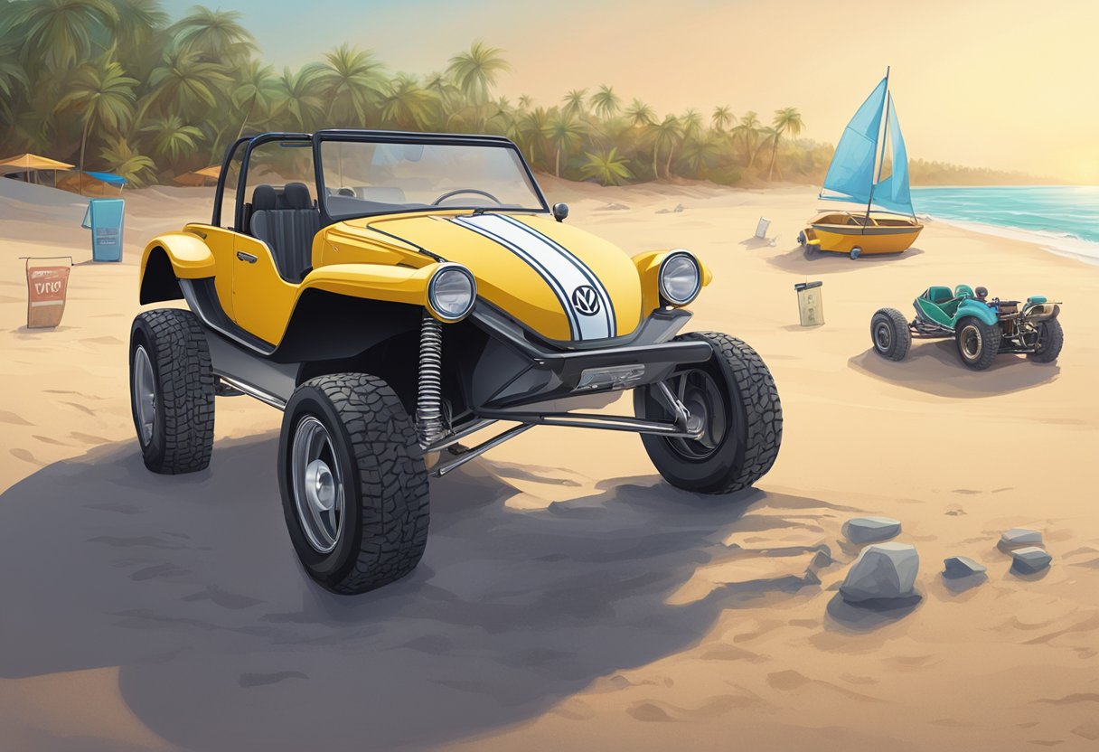 A Volkswagen dune buggy sits on a sandy beach, with a price tag displayed next to it, surrounded by other pre-owned vehicles