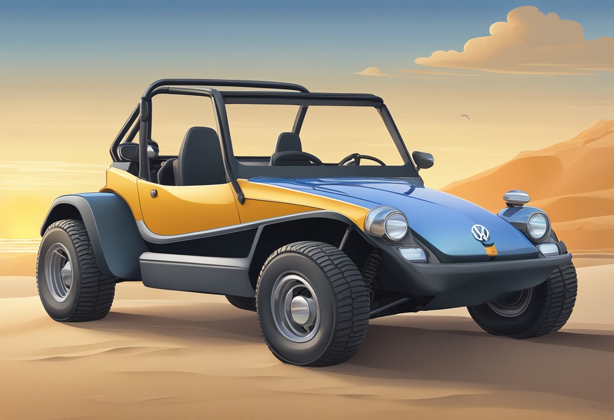 A Volkswagen dune buggy sits on a sandy beach, with financing options displayed nearby. The sun is setting, casting a warm glow on the scene