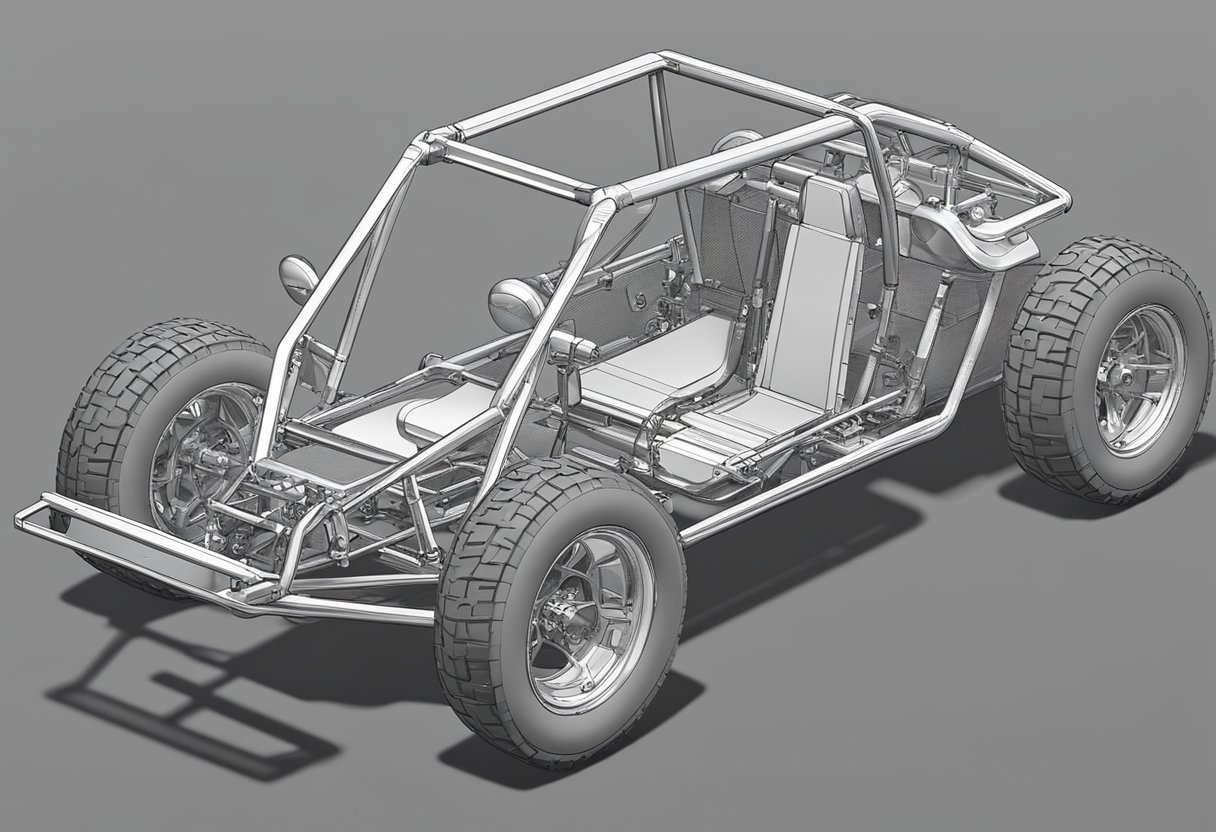 A metal dune buggy frame takes shape, welded tubes forming a sturdy chassis. Blueprints and tools scatter the workbench