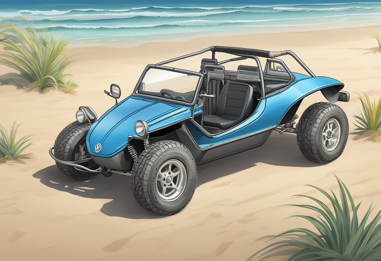 A Volkswagen dune buggy sits on a sandy beach, with a price tag reading "Customization Costs" prominently displayed on the windshield