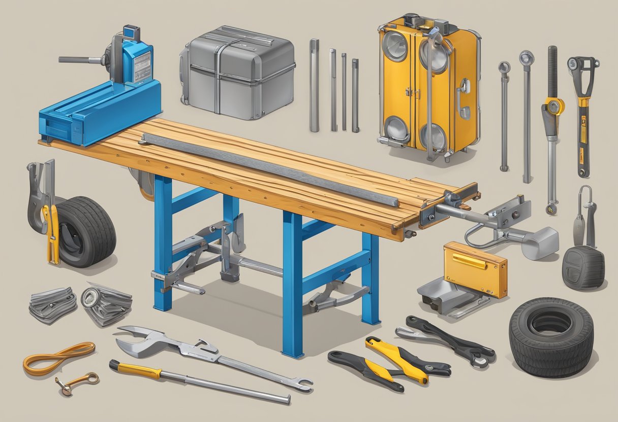 A workbench with welding equipment, metal tubing, a frame blueprint, measuring tools, and safety gear for building a dune buggy frame