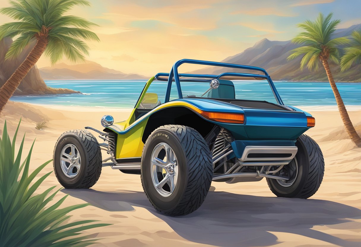 A Volkswagen dune buggy sits on a sandy beach, surrounded by palm trees and overlooking the ocean. The buggy's sleek design and vibrant colors stand out against the natural backdrop