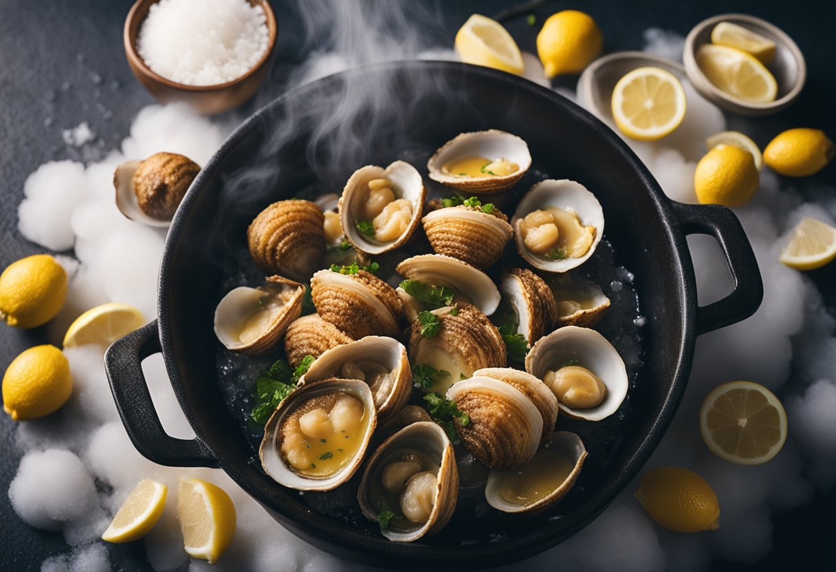 Golden fried clams sizzle in a bubbling pot of oil, surrounded by a cloud of steam. A sprinkle of salt and a squeeze of lemon complete the iconic Boston dish