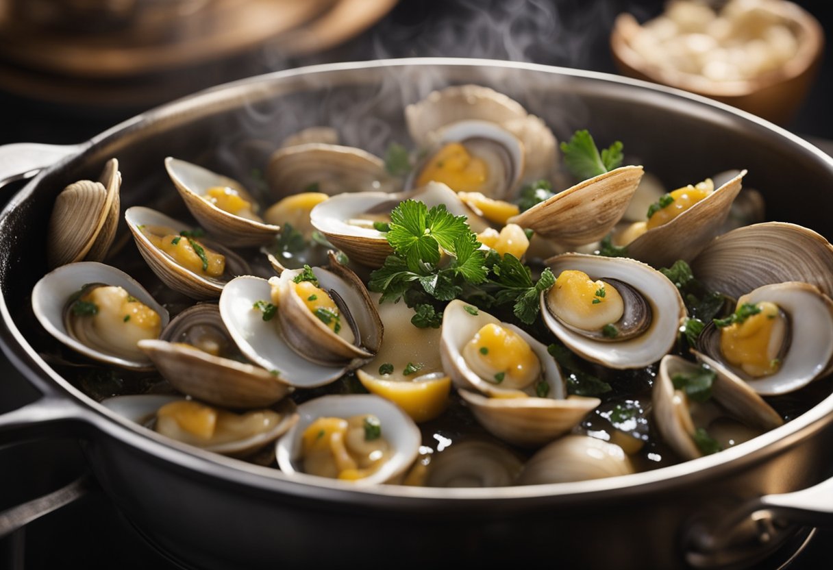 A chef dips fresh clams into batter, then carefully lowers them into sizzling oil. The clams sizzle and turn golden brown, emitting a mouthwatering aroma