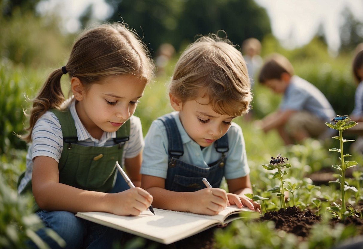 Children explore a garden, observing plants and insects. They use magnifying glasses and record their findings in notebooks. A teacher guides them through the activity