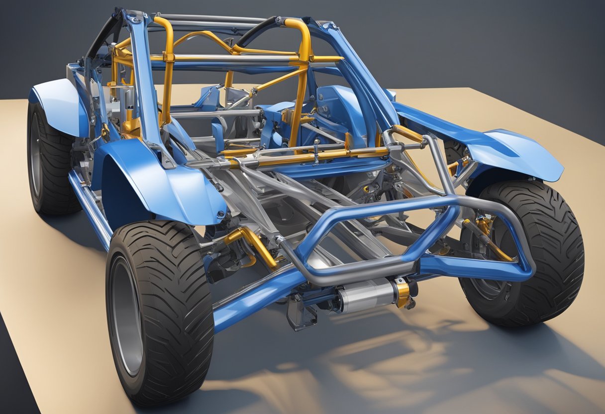 A metal frame being welded together, with various customizable features such as suspension mounts and roll cage attachment points