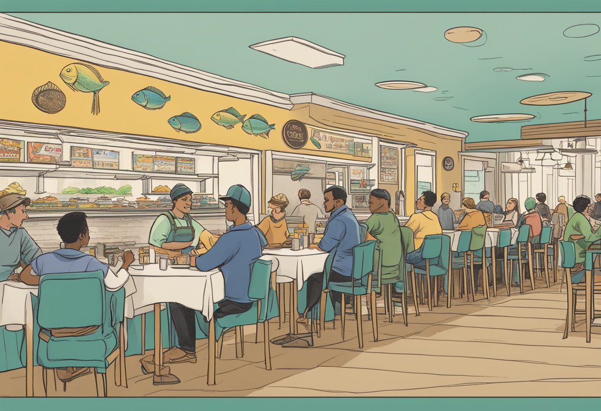 Customers excitedly line up at Fish and Co. JEM, drawn in by vibrant "Promotions and Discounts" signs. Tables are filled with satisfied diners enjoying their discounted meals